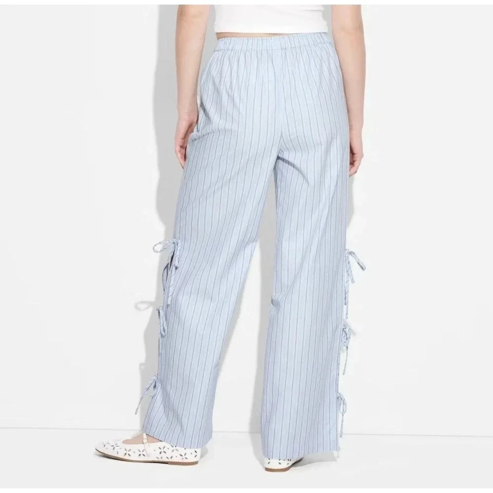 Women's Large Wide Leg Pants Target Blue Striped Tie Detail High Waist New - Picture 2 of 9